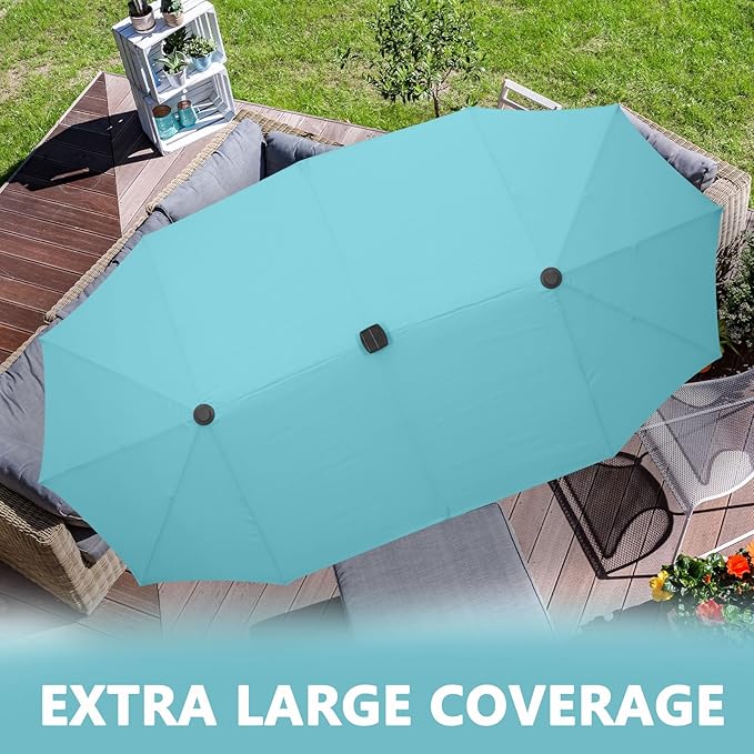 13Ft Large Patio Umbrella with Solar Lights Outdoor Double-Sided Market Table Umbrella Easy Crank for Yard, Poolside, Deck-Blue