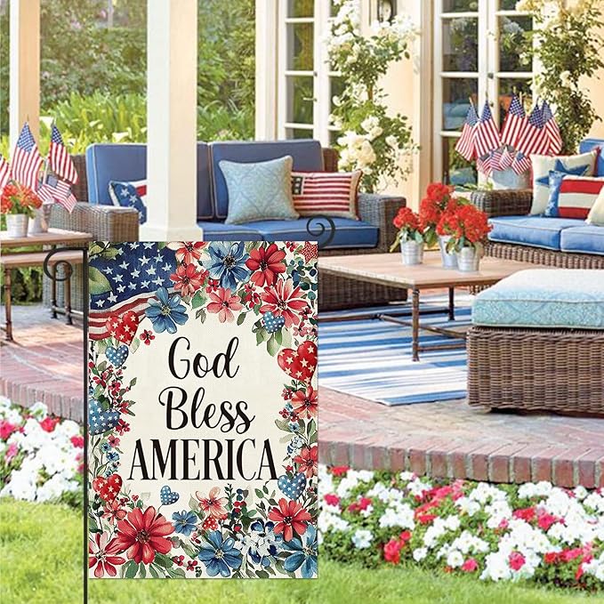 Baccessor 4th of July Patriotic Garden Flag 12.5 x 18 Inch Double Sided Burlap God Bless America Floral Memorial Day Small Yard Flag Summer Holiday Seasonal Farmhouse Outdoor Outside Decoration