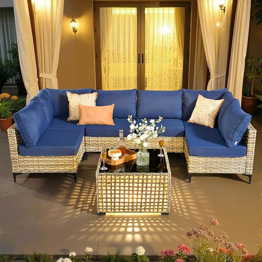 7 Pieces Patio Sectional Furniture Set, Outdoor Wicker Sectional Couch with Solar Lights Table, Modern Conversation Set for Porch Balcony Backyard, Navy Blue