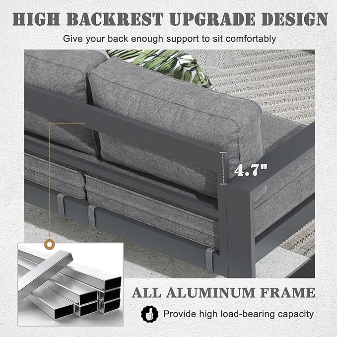 Outdoor Aluminum Furniture Set with Fire Pit Table - 5 Pieces Modern Patio Conversation Sets Metal Sectional Sofa Set