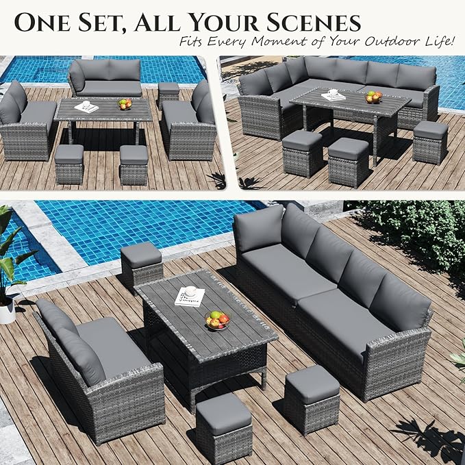 U-MAX 7 Pieces Patio Furniture Set, Outdoor Sectional Sofa Conversation Set, All Weather Wicker Rattan Dining Table & Chair with Ottoman, Grey Rattan&Grey Cushion
