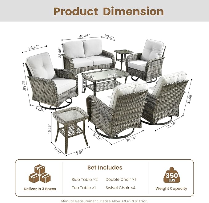 8 Pieces Outdoor Patio Furniture Set with Coffee Table, All Weather Wicker Patio Conversation Sets with Rocking Chairs, Balcony Furniture Sets for Backyard, Garden, Poolside, Grey