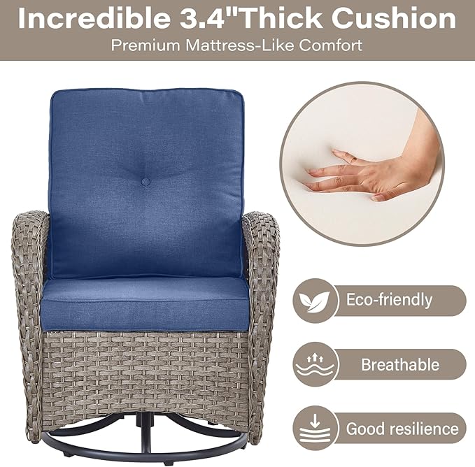 Belord Swivel Patio Chairs Wicker Set - Outdoor Swivel Rocker Chair with Side Table, 3 Piece Patio Glider Chairs Furniture Set with Water-Resistant Cushions for Porch Deck Sunroom
