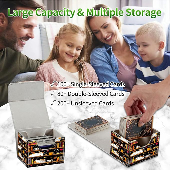 Card Deck Box for MTG, Cards Storage Box Fits 120+ Sleeved, Leather Small Size Strong Magnetic Closing Card Case for Board Games Magic TCG CCG Baseball Collection, Black Book Cat