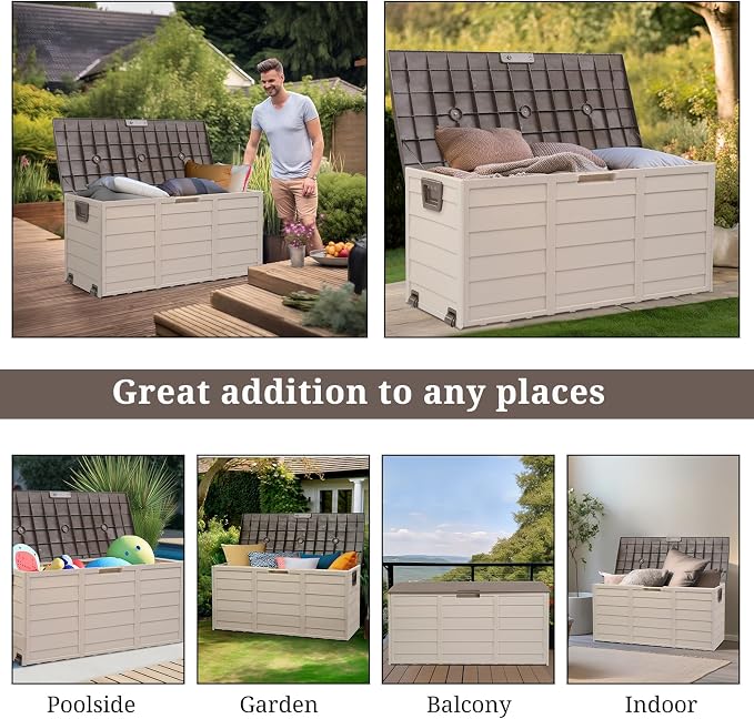 Outvita Deck Storage Box, 75 Gallon Durable Waterproof Storage Container Bin Store Patio Cushions and Yard Stools Outdoor Patio Garden (Brown)