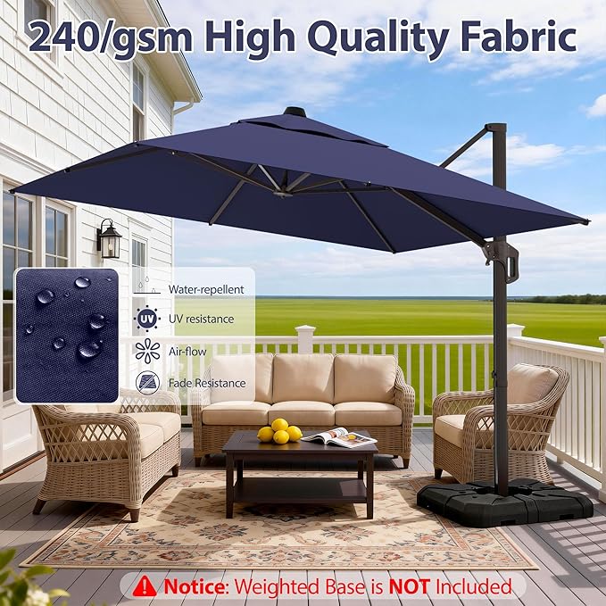 10' X 10' Patio Umbrella Cantilever Outdoor Rectangle Umbrella, Heavy Duty 360°Rotation Offset Umbrella for Garden Deck Pool Patio, Navy Blue