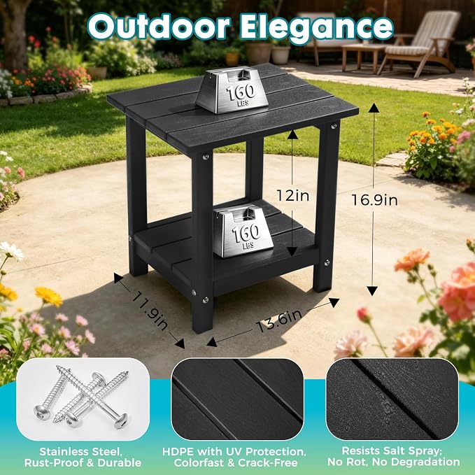 Outdoor 2-Tier Square Side Table, Adirondack Weather Resistant Patio End Table, Low Maintenance HDPE Accent Table for Backyard, Pool, Porch, Deck, Black