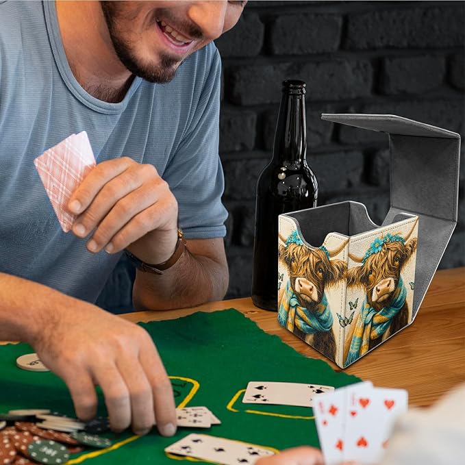 Blue Towel Cow Card Deck Box for MTG, Personalized Card Storage Case Fits 120+ Sleeved Cards, Premium Leather TCG Box with Strong Magnetic Closure for Magic, CCG, PTCG, Baseball Cards