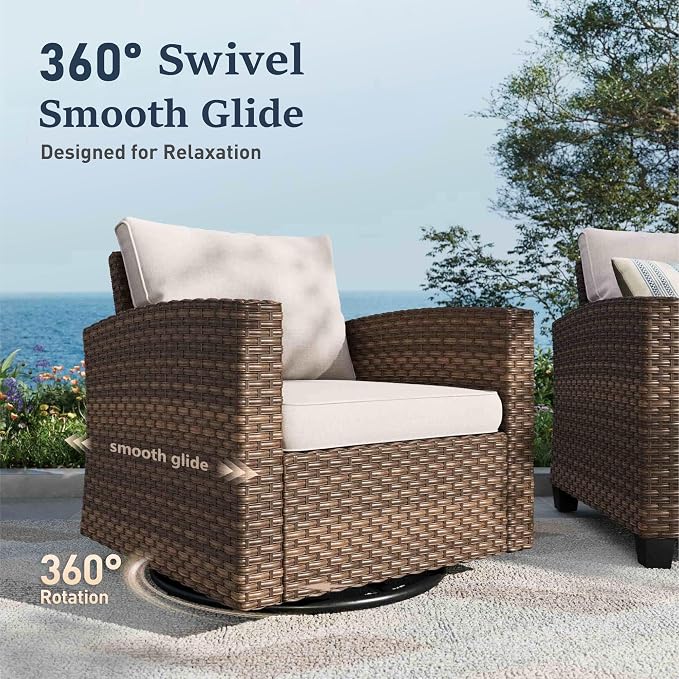 SUNSHINE VALLEY Swivel Glider Patio Furniture Set Outdoor Furniture Brown Wicker Rattan Patio Conversation Sets with Cushion Outside Sofa Set,5 Pieces 7 Seats,Beige