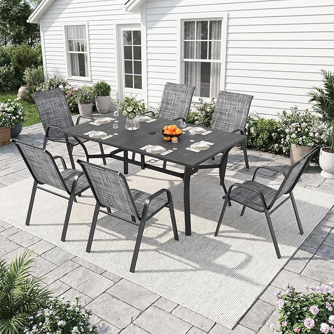 Outdoor Dining Set for 6,7pcs Patio Table and Chairs Set with Adjustable Umbrella Hole,Heavy Duty 63”x37.8” Metal Dining Table and Stackable Patio Chair for Yard, Garden, Porch