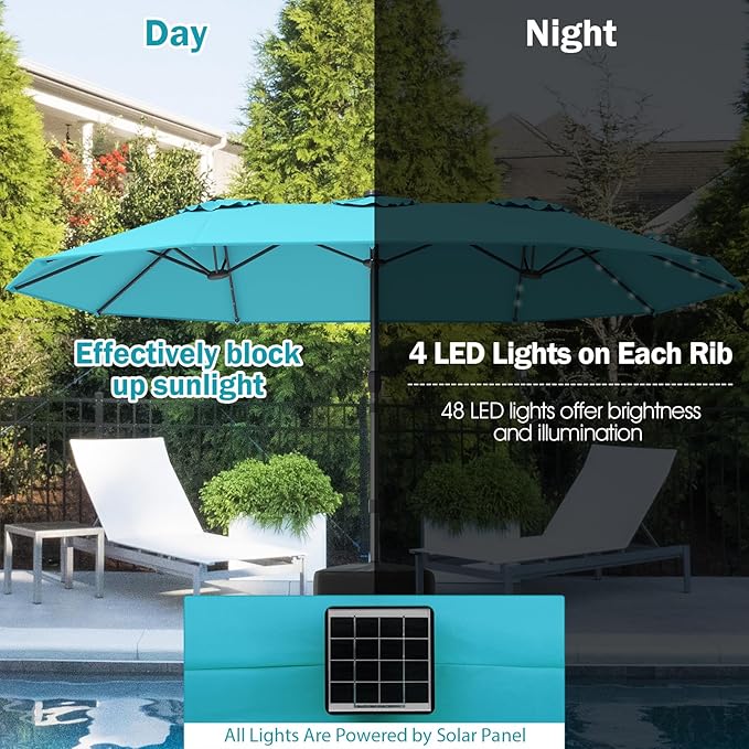 Giantex Large Outdoor Umbrella Double-Sided, 48 Solar Lights, Auto-Charging Solar Panel, Extra Large Patio Umbrella with Base and Crank, Outdoor Market Umbrellas for Poolside Garden