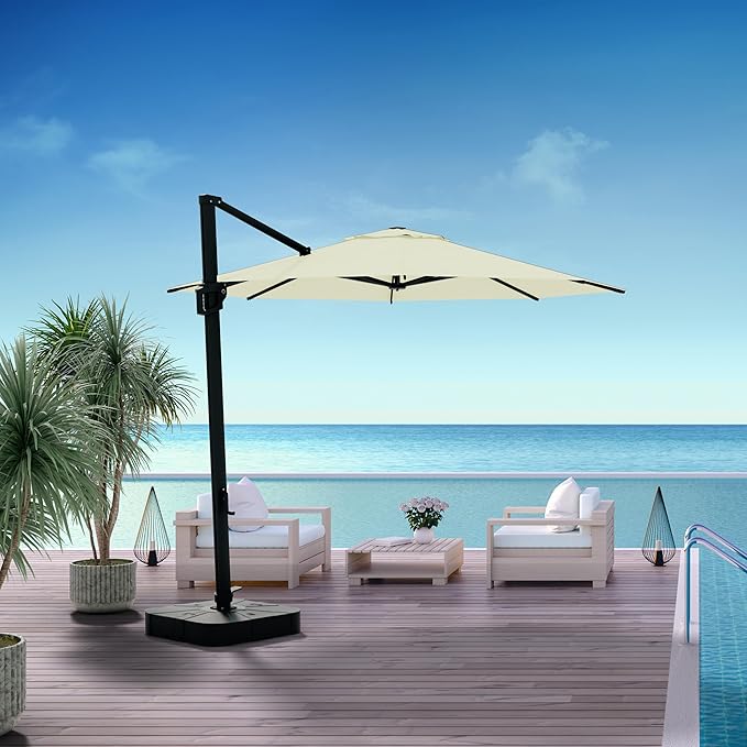 Midtown Umbrellas The Grande Round 10 FT Outdoor Cantilever Patio Umbrella w/Sunbrella Canvas Natural Acrylic Fabric - 8 Rib Aluminum Frame Offset w/Tilt And 360° Rotate Pedal System - Black Frame