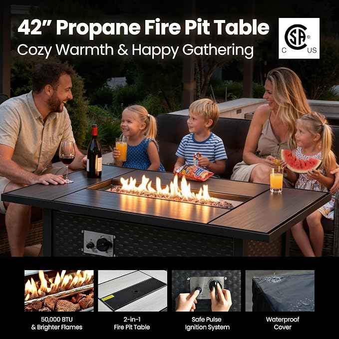 9-Piece Wicker Outdoor Sectional Furniture with Fire Pit, Wide Armrest Patio Couch Set Swivel Rocking Chair Ottoman Solar Table, Modular Conversation Sets for Backyard Deck Garden, Black