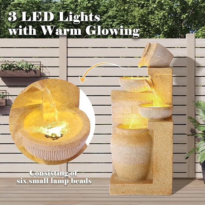 Water Fountain Outdoor, Modern Water Feature with LED Lights, 4-Tier Cascading Resin Waterfall Fountain, 32" Large Garden Fountains for Yard, Deck, Patio, Porch (Yellow)