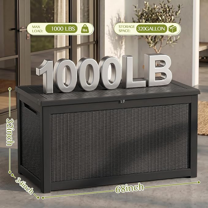 Waterproof Outdoor Storage Box Outside Deck Box Lockable Resin Bench UV Resistant Furniture Cushion Pool Tool Float Bin Patio Garden Porch (Black, 320 Gallon)