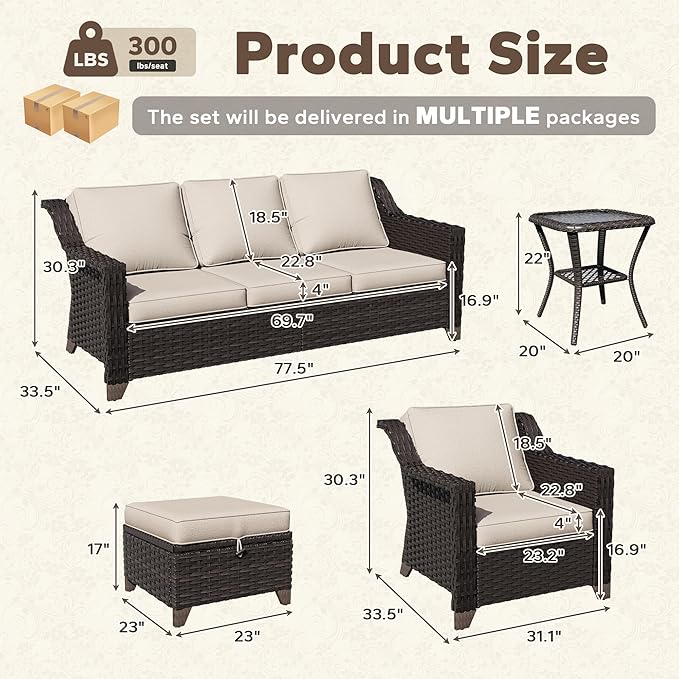 6 Pieces Patio Conversation Furniture Set - 1 Sofa, 2 Armchairs, 2 Ottomans, 1 Side Table, Outdoor Wicker Furniture with Removable Cushions for Porch, Balcony, Sunroom (Beige)