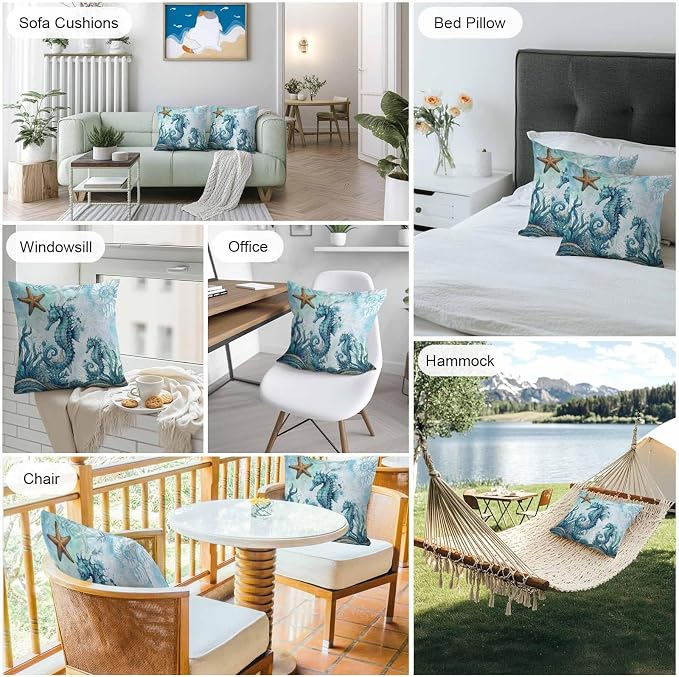 Ocean Seahorses Outdoor Pillow Covers 18x18 Inch Throw Pillow Covers Set of 2 Waterproof Decorative Pillow Cases Coastal Animals Seaweed Strafish Compass Blue Cushion Covers for Patio Furniture Garden