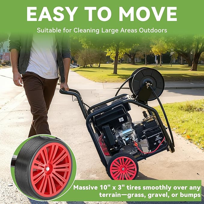 4400PSI Gas Pressure Washer with Hose Reel, 4.5 GPM, Key One-Button Start 420CC 15HP Commercial Pressure Washer with 50FT 3/8" Hose, Spray Gun & Wand, 5 Quick Connect Nozzles