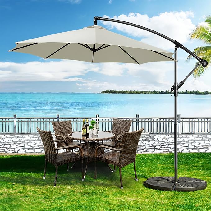 10ft Offset Hanging Market Patio Umbrella w/Cross Base, Outdoor Large Round Aluminum Cantilever Umbrella w/Easy Tilt Adjustment, Fade Resistant Waterproof 8 Ribs Canopy, for Yard, Garden & Dec