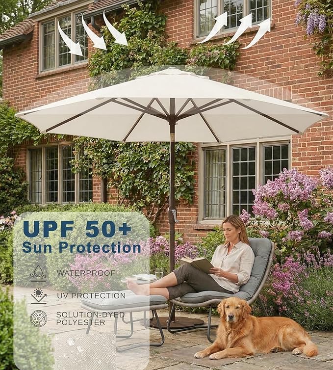 PatioKingdom 9FT Patio Outdoor Umbrella-UPF 50+ Sun Shade with Wind Vent, Push-Button Tilt & Smooth Crank Lift, Rust-Resistant Fiberglass Frame for Garden, Backyard,Yard (Creamy-white)