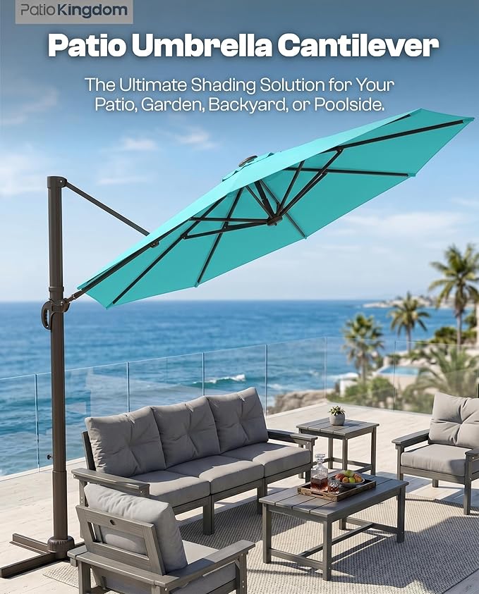 11 FT Round Cantilever Umbrella,Easy Tilt, Fade Resistant & 360° Rotation, Offset for Pool Deck Backyard Patiopeacock blue (Base not Included)