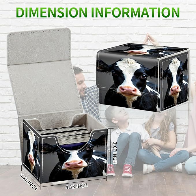 Card Deck Box for MTG, Cards Storage Box Fits 120+ Sleeved, Leather Small Size Strong Magnetic Closing Card Case for Board Games Magic TCG CCG Baseball Collection, Black White Cow