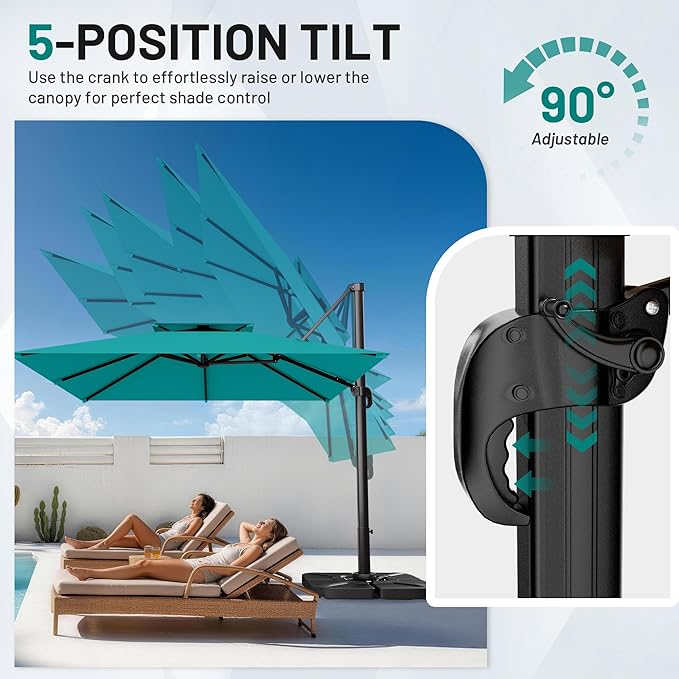 AreShark 10×10FT Double-Top Cantilever Patio Umbrella, Square Offset Umbrella with 360 Degree Rotation, Heavy Duty Patio Umbrella for Garden Deck Pool, 5 Tilt Angles, Turquoise Blue