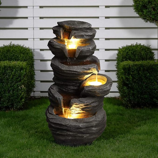 Outdoor Waterfall Fountain with LED Lights, 25.6" Stacked Stone Cascading Water Feature with Pump, Multi-Tier Rock Fountain for Patio Garden Yard Porch Landscape Decor, Gray