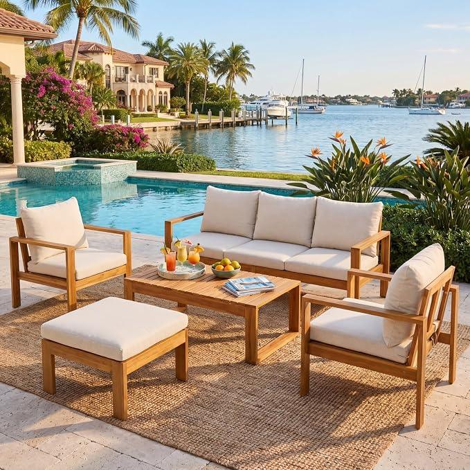 5-Piece Patio Furniture Set, Outdoor Conversation Set with Acacia Wood, Coffee Table and Ottoman, All-Weather Cushions for Backyard, Garden and Poolside(D-Beige)