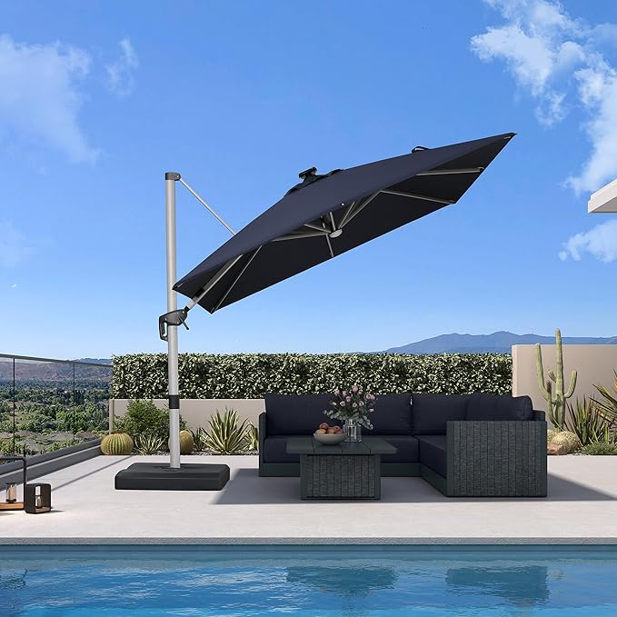 PURPLE LEAF Patio Umbrella with base 9 Feet Outdoor Square Cantilever Umbrella Solar Powered LED with 360-degree Rotation for Garden Deck Pool Patio, Navy Blue