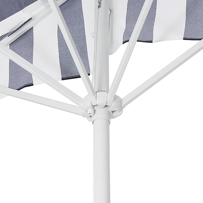 JONATHAN Y Beverly 9 ft. Coastal Navy and White Striped Half Patio Umbrella with Scalloped Fringe, Crank Lift, and Manual Tilt for Balcony, White Pole UMB1201I