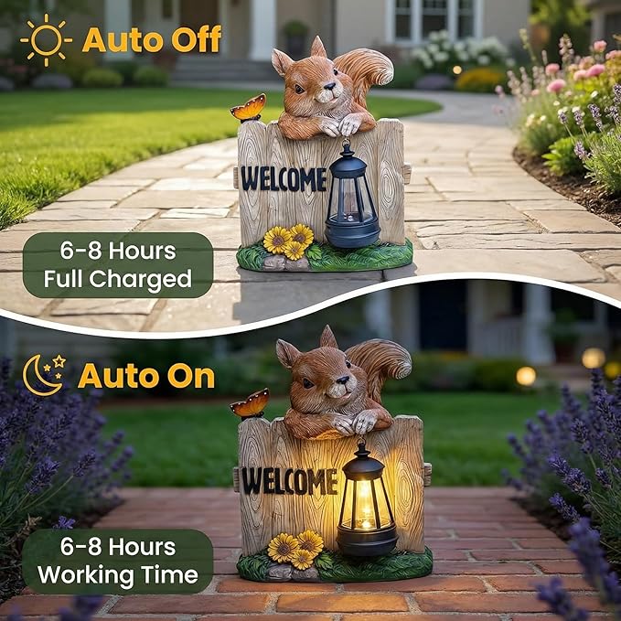 Garden Squirrel Welcome Sign with Solar Lantern, Decorative Outdoor Statue for Porch, Patio or Garden with Butterfly and Sunflowers