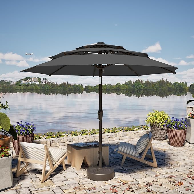 PatioKingdom 9ft 3-Tier Patio Market Umbrella with Crank/Tilt, Commercial Heavy Duty Wind Proof,Outdoor Table Umbrella with 8 Fiberglass Ribs,UPF50+ for Deck,Pool,Garden,Backyard (Gray)