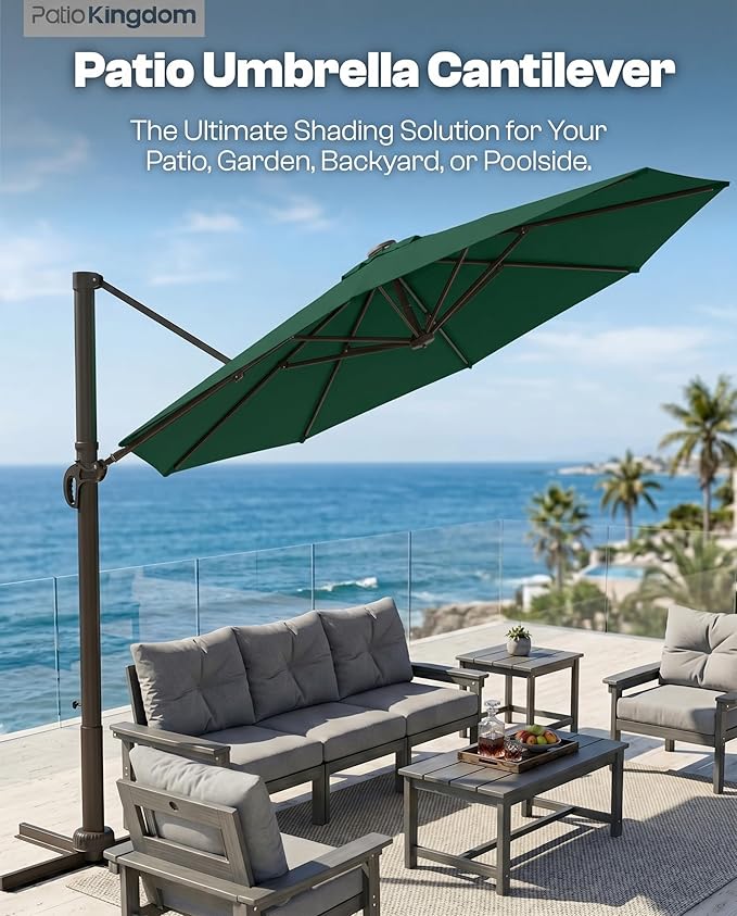 11 FT Round Cantilever Umbrella,Easy Tilt, Fade Resistant & 360° Rotation, Offset for Pool Deck Backyard Patiodark green (Base not Included)