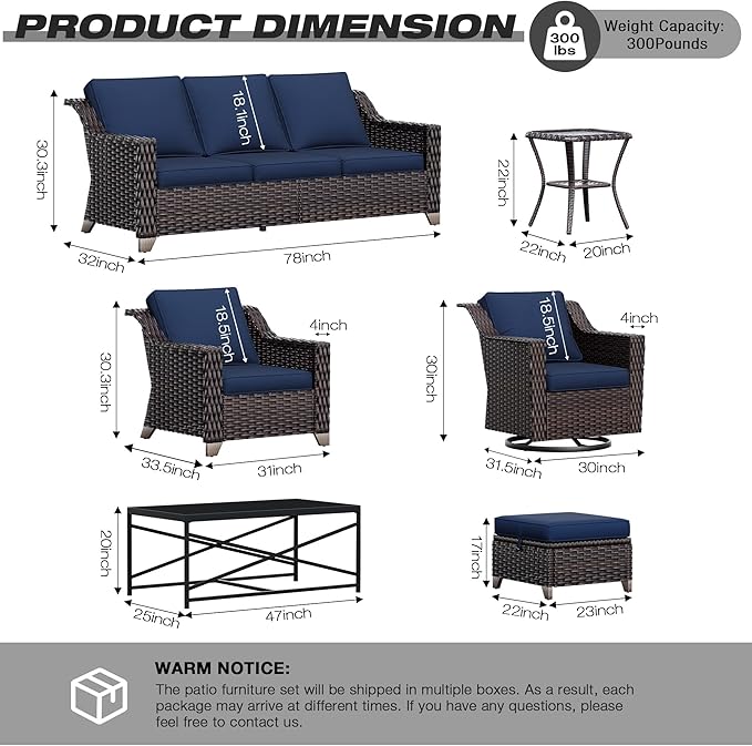 Joyside Wicker Patio Furniture Sets, 7 Pieces Upgraded Large Size Outdoor Furniture with Swivel Rocking Patio Chairs, 3-Seat Sofa, Outdoor Ottoman and Coffee Table, Thick Cushions, Wide Armrest