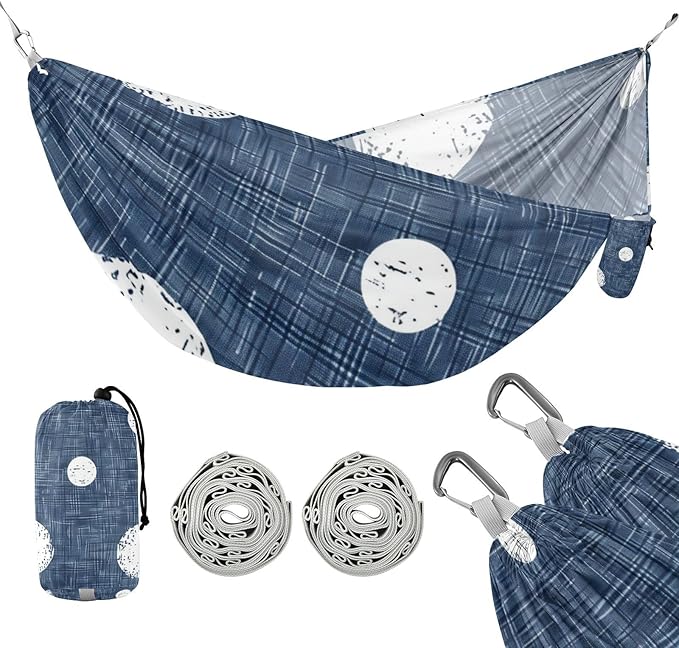 Round White Spots on A Denim Blue Background 330lb Capacity Camping Hammocks with Tree Straps Rope Hammock for Outside Patio Garden Base para poner hamaca