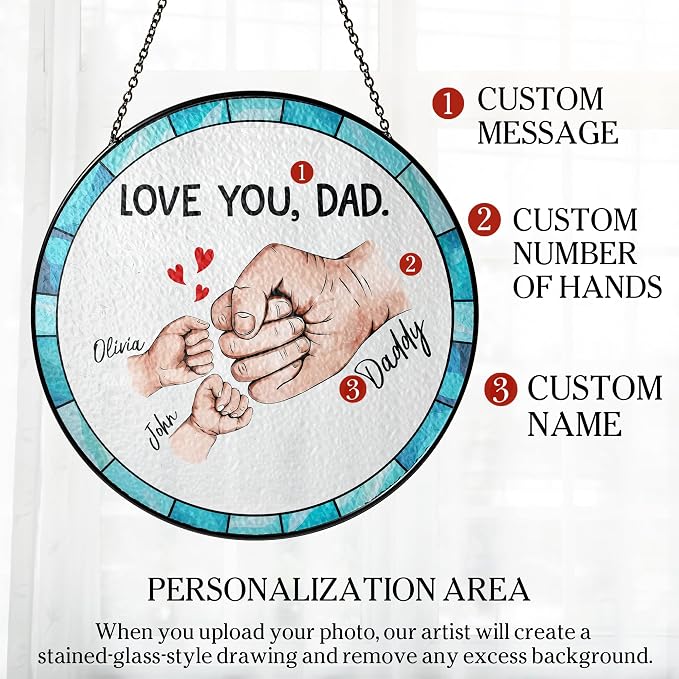Personalized for Dad, Custom Stained Glass Window Hanging Suncatcher - Unique Gift for Papa Fathers - Best Dad Ever - Custom Gifts with Photo for Father