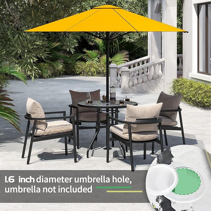 JINLLY 32 Inch Patio Table with Umbrella Hole, Round Glass Patio Table, Outdoor Bistro Dining Tables with Tempered Glass Tabletop and Metal Frame for Outside, Garden, Balcony