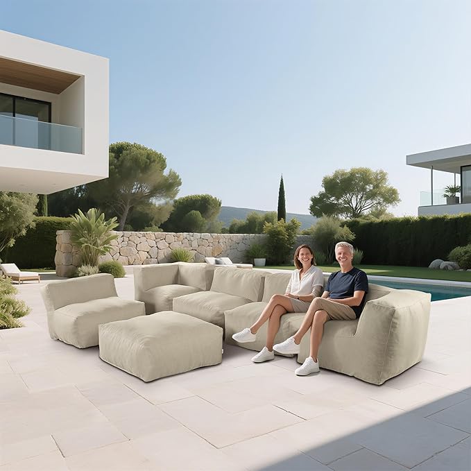 Patio Furniture Set, 6 Pcs Outdoor Conversation Set with Bean Bag Middle Chairs, Corner Chair, Ottomans, Modern Foam Couch Set for Garden, Deck, Balcony (6, Light Beige)