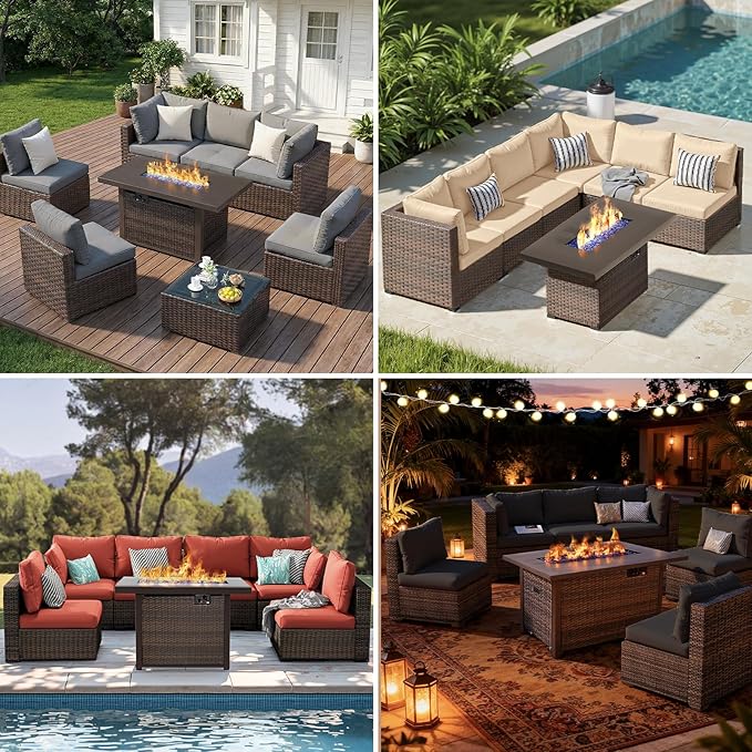8 Pieces Patio Furniture Sets Outdoor Sectional Sofa with 44'' Propane Rattan Wicker Firepit Table, Patio Sectional Conversation Set with Cushions for Backyard, Poolside, Garden Grey