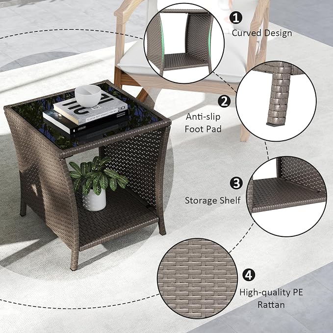 Kinfant Rattan Patio Side Table - Set of 2 Modern Wicker End Table, PE Rattan Coffee Table with Glass Top, Weather-Resistant Patio Furniture for Patio, Balcony, Garden, and Poolside (2, Sesame)