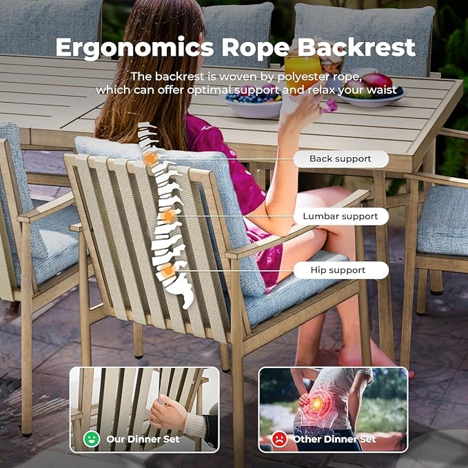 HAPPATIO 7-Piece Outdoor Dining Set for 6, Aluminum Patio Dining Set Includes 4 Dining Chairs, 2 Swivel Dining Chairs, and 1 Large Rectangular Table with Umbrella Hole, for Lawn Porch Yard, Brown