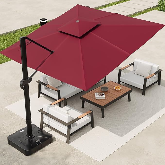 10x10 FT Square Outdoor Umbrella with Base, Cantilever Patio Umbrella with 360° Rotation & Adjustable Height, Heavy Duty Aluminum Umbrella Outdoor Patio for Garden Poolside,Burgundy Red