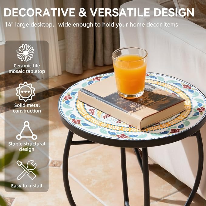22" Mosaic Side Table, Outdoor Bistro Table Weather Resistant, Iron Plant Stand for Patio, Small Coffee End Table for Balcony Garden Bedroom Living Room, Vintage Mint Green