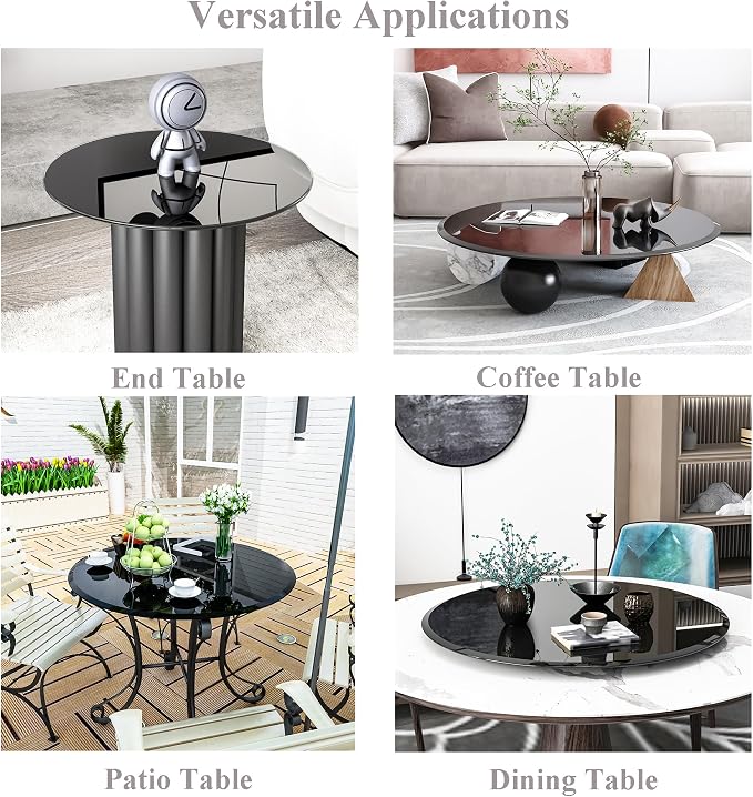 36 Inch Round Black Tempered Glass Table Top, Black Table Surface Protector, Safe 1/2" Thick-Beveled Polished Edge, Replacement Glass Top for Home, Office, Patio, Outdoor/Indoor