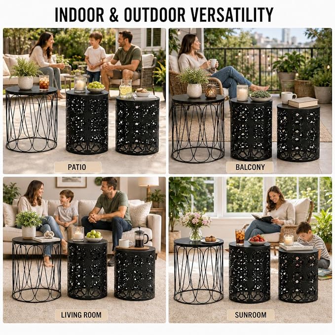 Y&M Outdoor Side Tables Set of 3, Metal Stacking Patio Side Tables for Outside, Round Indoor End Tables, Decorative Garden Stool Plant Stand for Patio Garden Balcony Porch, Black