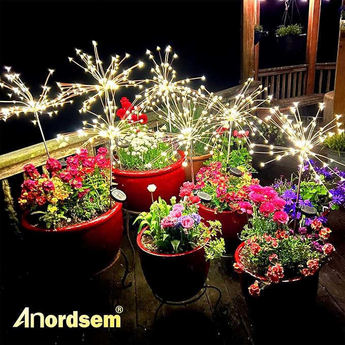 Anordsem Solar Garden Lights Outdoor: 4 Pack Bendable Copper Wire with 120 LED Twinkling Firework - Waterproof DIY Warm Fairy Decorative Yard Patio - Gardening Gifts for Parents Homeowner