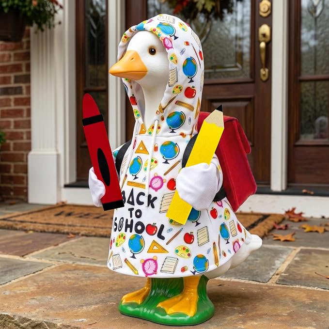 Back to School Porch Goose Outfits, Summer 23 inch Geese Statue Clothes, 4 Pcs Accessories Hoodie Backpack Pencil Crayon, School Gifts Party Garden Outdoor Yard Lawn Patio Decor