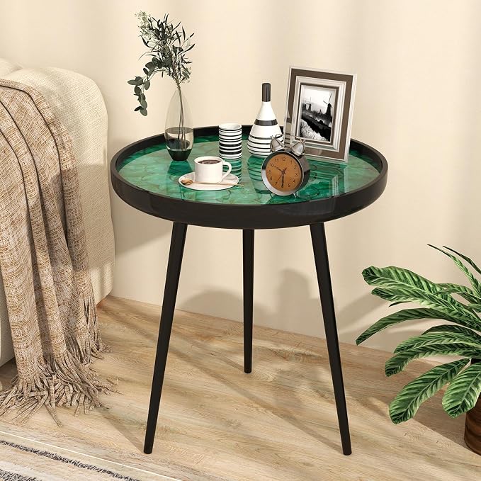 Giantex Outdoor Side Table, Round End Table with Epoxy Resin Finish, Sea Shell Decoration, Mahogany Wood Frame, Tray Top, Patio Side Table for Living Room, Pool, Yard, Porch (Green, 20” x 20” x 21.5”)