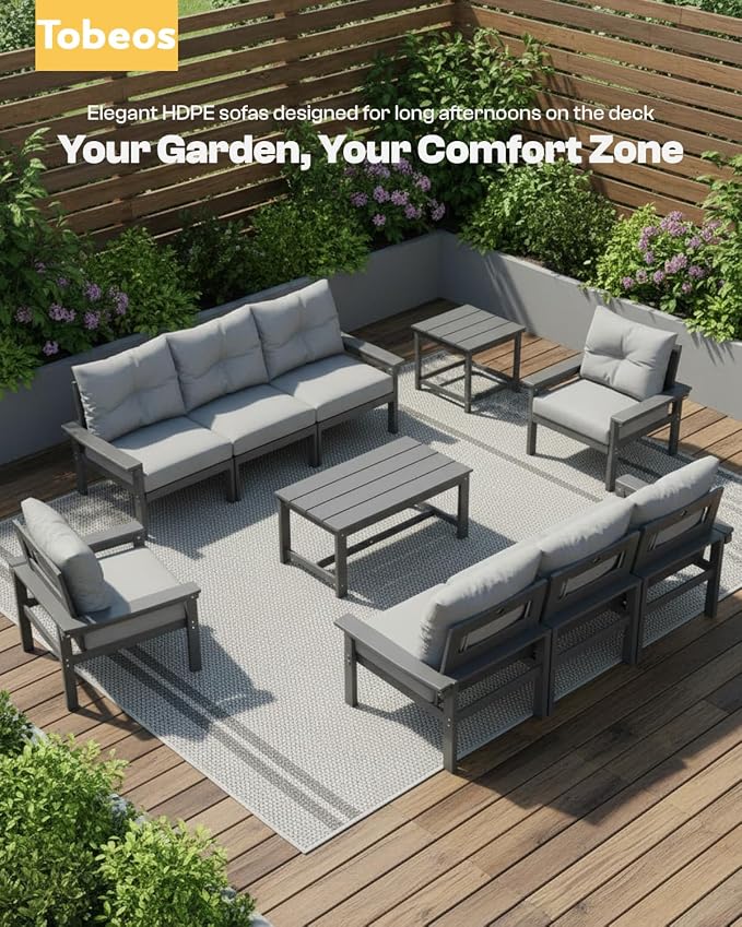 HDPE 3 Piece Patio Furniture Set, All-Weather Outdoor Couch Set with Thick Cushions, Patio Conversation Sets for Lawn, Garden, Porch, Deck, Balcony, Poolside, Grey Frame Grey Cushion